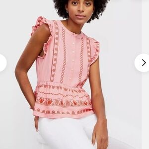 Ruffled Embroidered Peplum Business Casual Classy Chic Girly Hip Henley Blouse